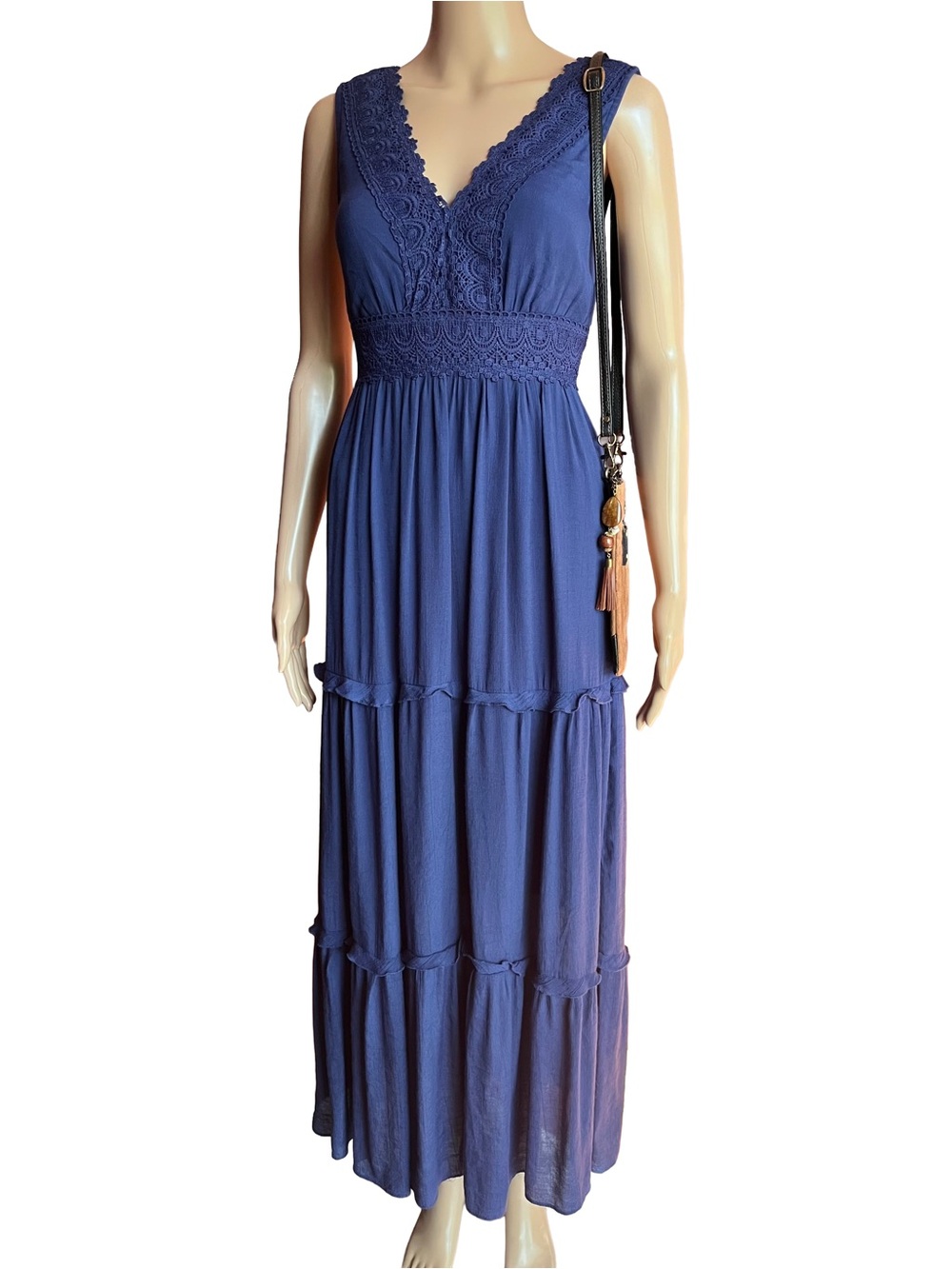 Navy Boho Lace Maxi Dress Small Crochet Empire Waist